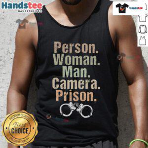 Funny woman and man posing for a camera in a prison tank top, showcasing their playful personalities and unique style.