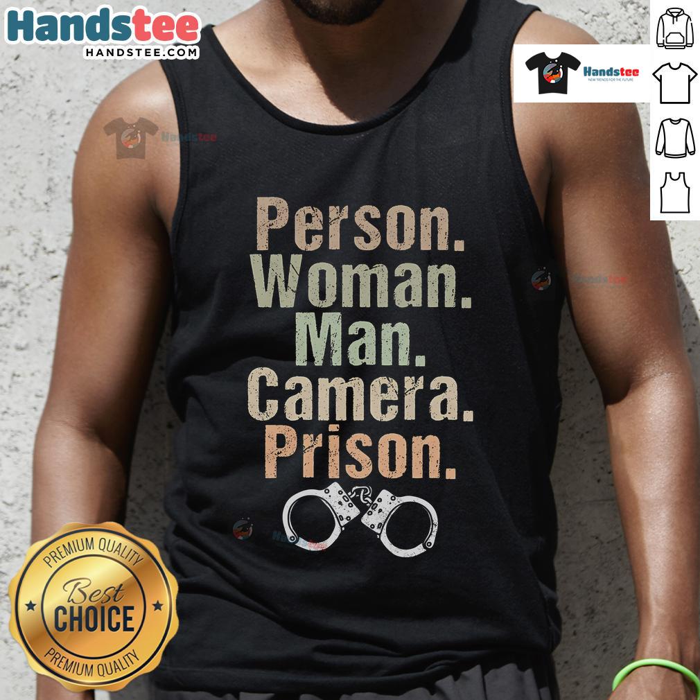 Funny woman and man posing for a camera in a prison tank top, showcasing their playful personalities and unique style.