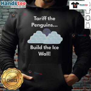 Funny tariff penguins build the ice wall in cozy penguin hoodie, perfect for winter fun and laughter.