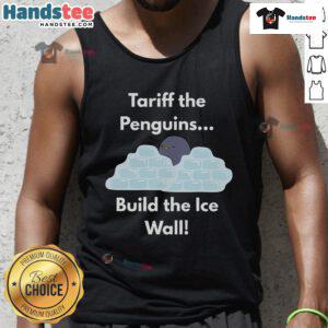 Funny Tariff the Penguin builds an ice wall while wearing a stylish tank top in this whimsical illustration.