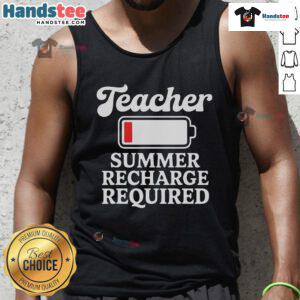 Alt Text: Funny teacher summer recharge required low battery humor tank top featuring a playful graphic design.