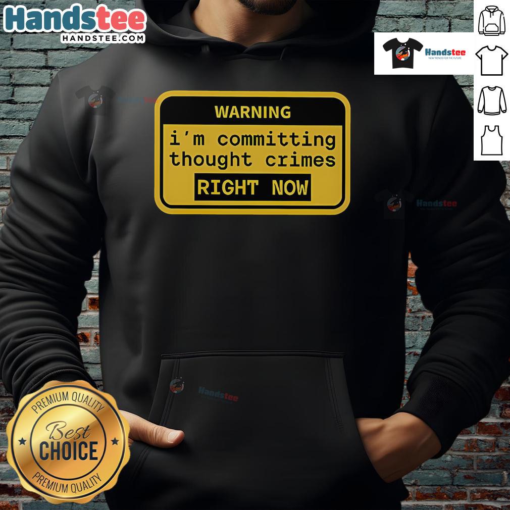 Funny warning hoodie saying 'I'm committing thought crimes right now' in a playful, bold font for a humorous fashion statement.