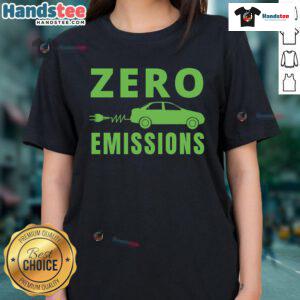 Funny zero emissions electric car graphic on a ladies tee, perfect for eco-conscious enthusiasts and humor lovers.