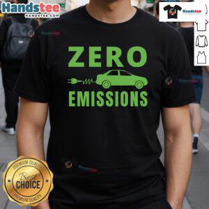 Funny Zero Emissions Electric Car graphic on a 'Plug Me In' E-Car T-Shirt, promoting eco-friendly transportation.