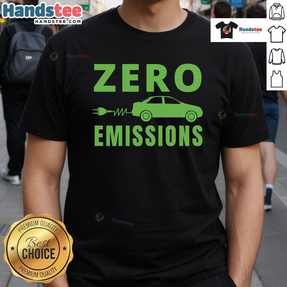 Funny Zero Emissions Electric Car graphic on a 'Plug Me In' E-Car T-Shirt, promoting eco-friendly transportation.