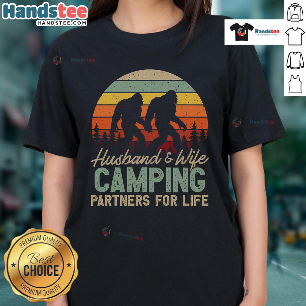 Good Bigfoot Camping husband and wife partners for life tee shirt design featuring a playful Bigfoot graphic.
