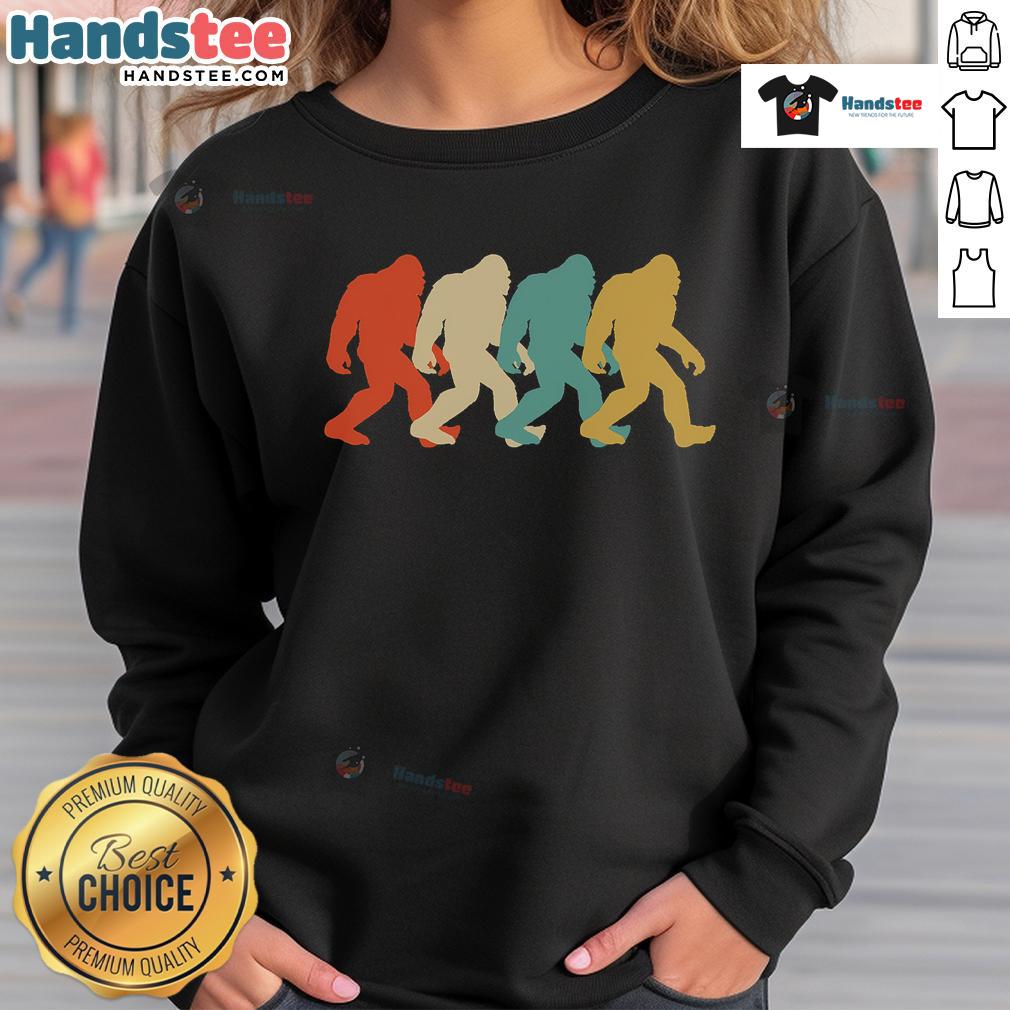 Retro pop art sweatshirt featuring a good Bigfoot silhouette, perfect for Sasquatch enthusiasts and unique fashion lovers.