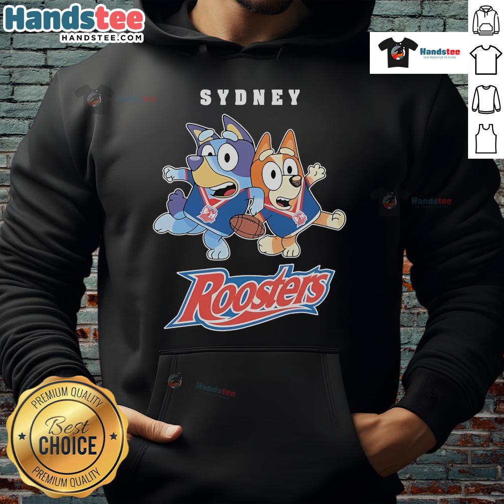 Alt Text: Good Bluey X Sydney Roosters Hoodie featuring vibrant colors and unique design perfect for fans and casual wear.