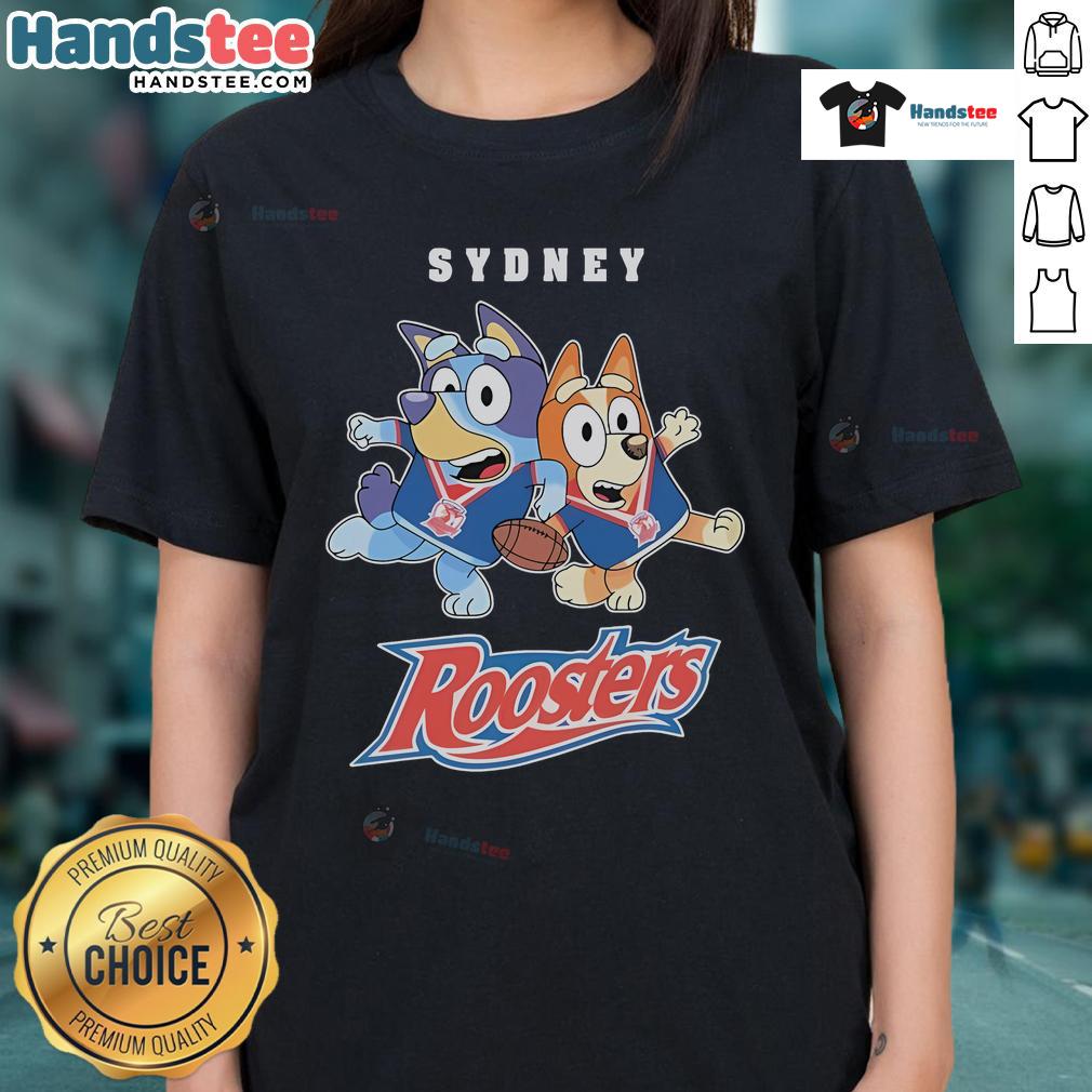 Good Bluey X Sydney Roosters ladies tee featuring vibrant design and comfortable fit for stylish fans.