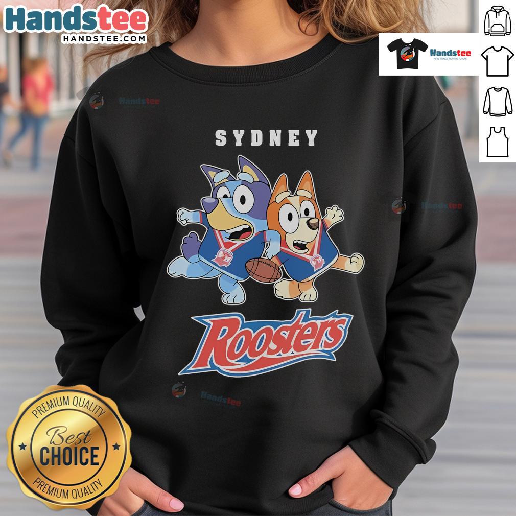 Good Bluey X Sydney Roosters sweatshirt featuring vibrant colors and sporty design, perfect for fans and casual wear.