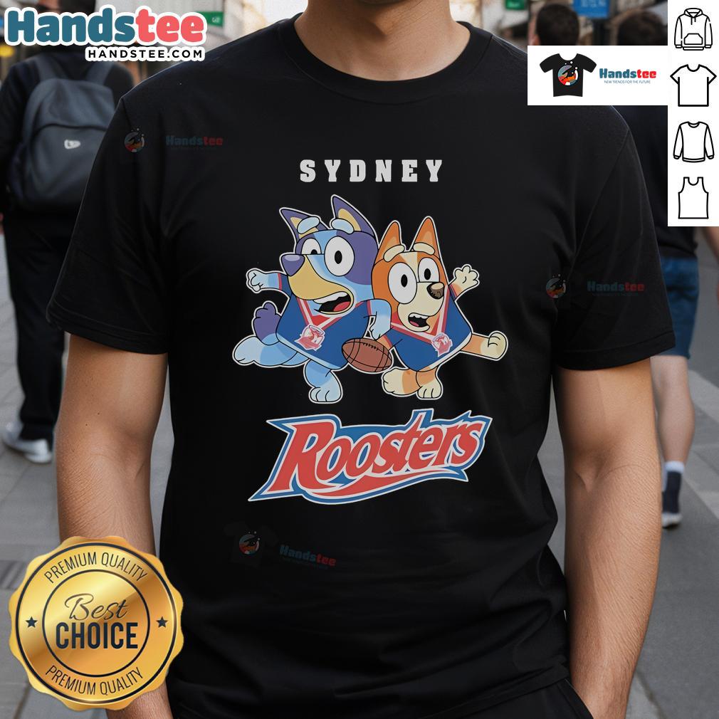 Alt Text: Good Bluey X Sydney Roosters T-Shirt featuring vibrant graphics and a comfortable fit for fans and kids.