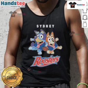 Alt Text: Stylish Good Bluey X Sydney Roosters tank top featuring vibrant colors and sporty design for fans.