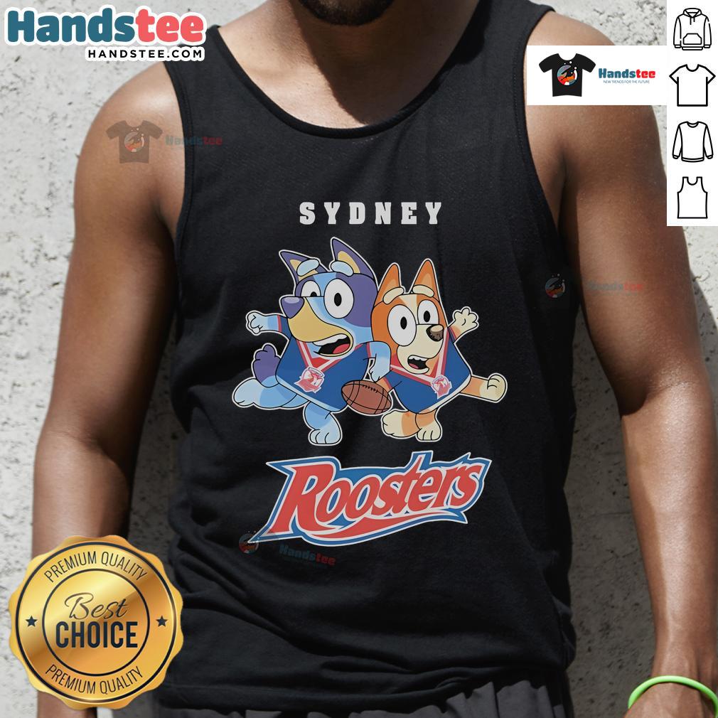 Alt Text: Stylish Good Bluey X Sydney Roosters tank top featuring vibrant colors and sporty design for fans.