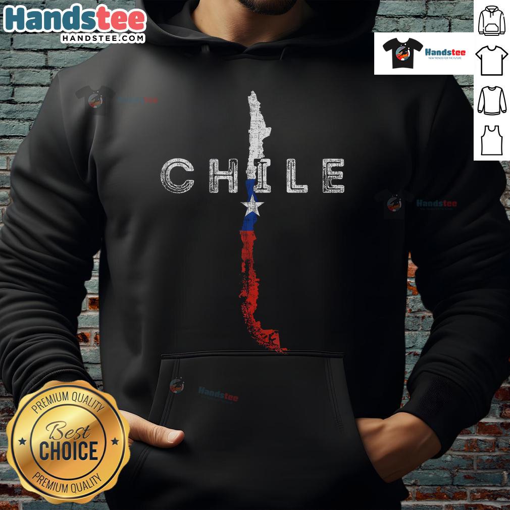 Distressed Chile souvenir hoodie featuring a map and flag design, perfect for showcasing Chilean pride.