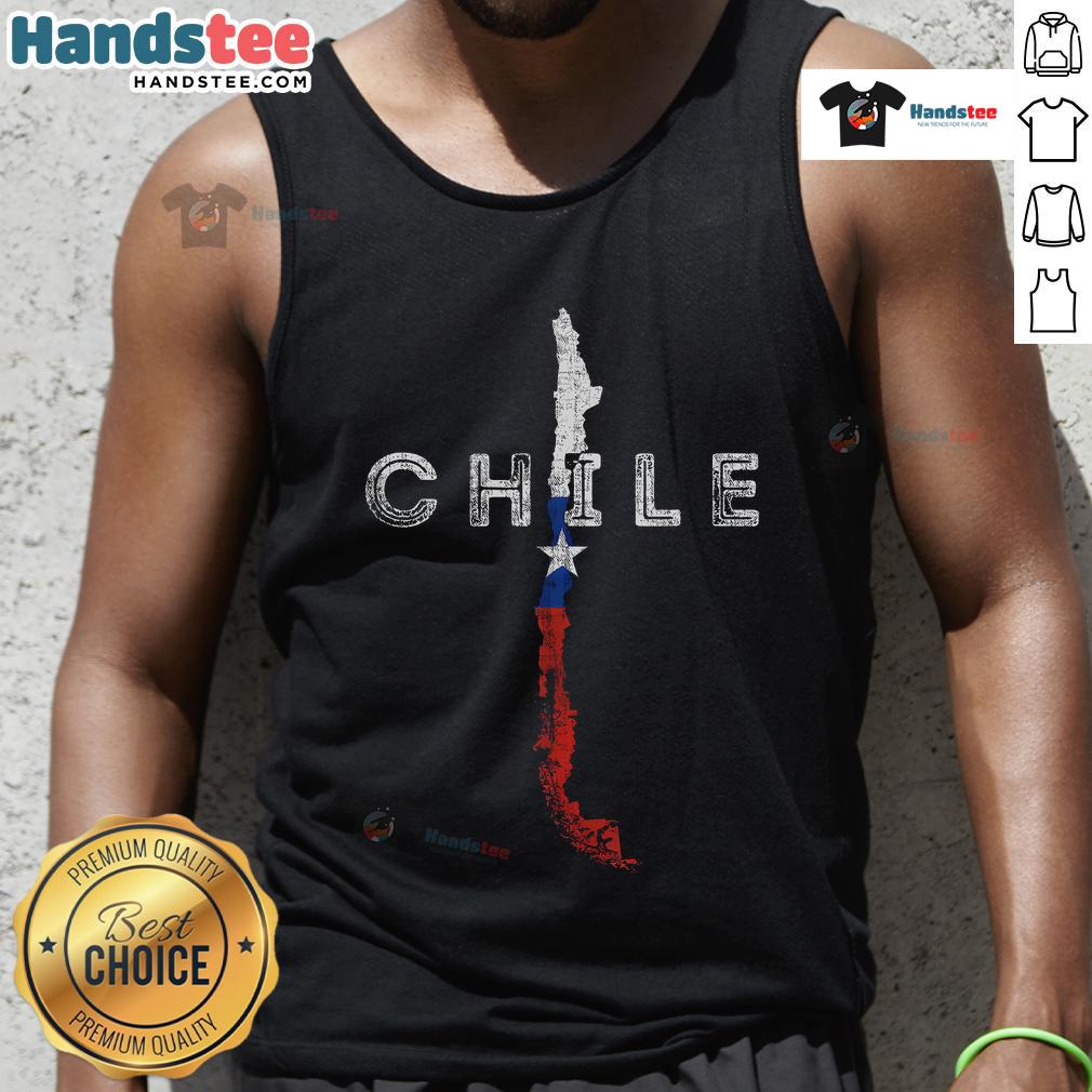 Distressed Chile souvenir tank top featuring a map and flag design, perfect for showcasing your love for Chile.