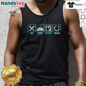 Good Eat Sleep 3D Print Repeat tank top featuring vibrant filament design for 3D printer enthusiasts.