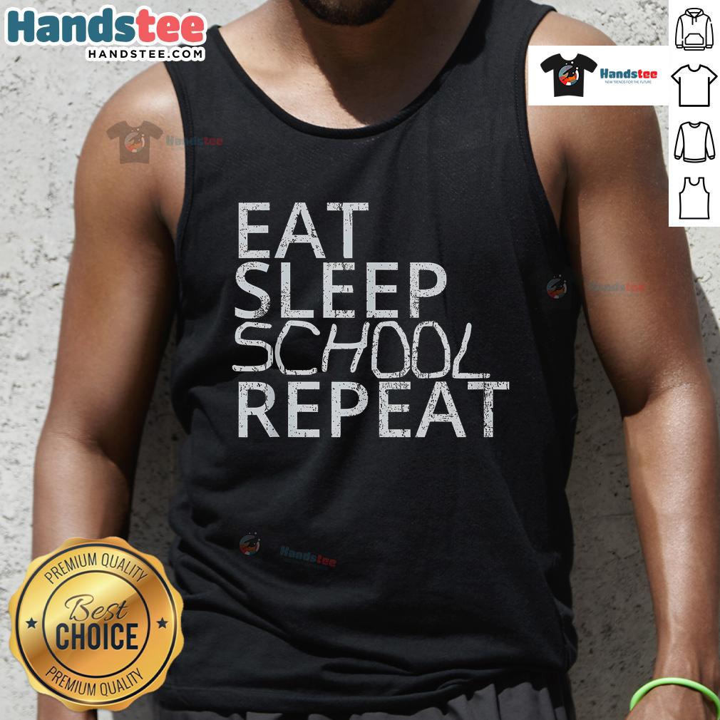 Vintage tank top featuring 'Good Eat Sleep School Repeat' design, perfect for back-to-school style and casual wear.