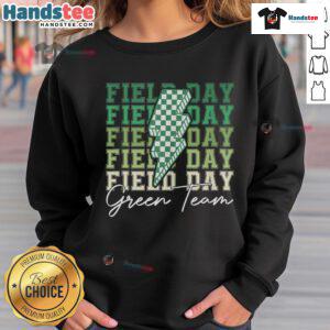 Good Field Day Green Team sweatshirt worn during a fun outdoor team game on a school field trip.