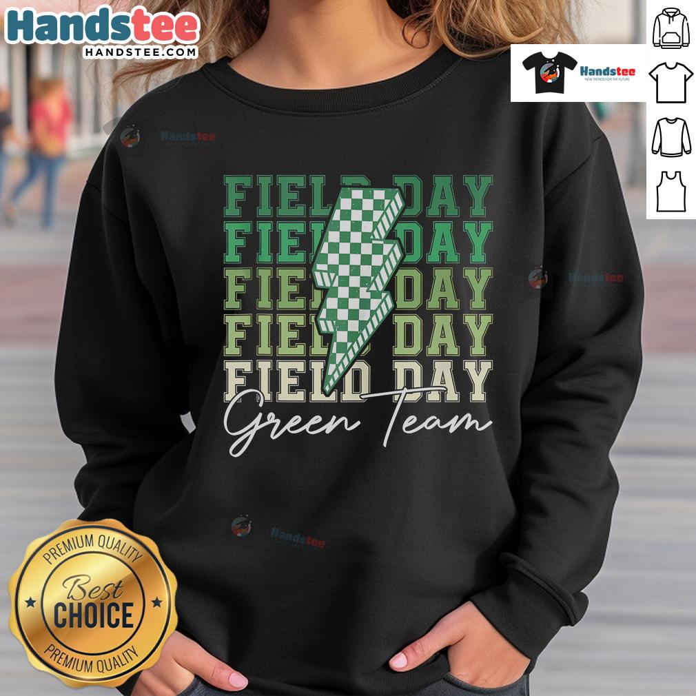 Good Field Day Green Team sweatshirt worn during a fun outdoor team game on a school field trip.