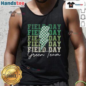 Good Field Day Green Team in colorful tank tops enjoying a team game during a fun field trip outdoors.