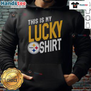 Alt Text: A fan wearing a 'Good Pittsburgh Steelers This Is My Lucky Hoodie' celebrates in the stands during a game.