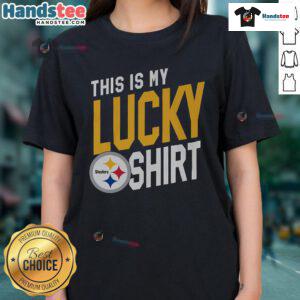 Good Pittsburgh Steelers This Is My Lucky Ladies Tee in black with gold graphics, perfect for fans supporting their team.