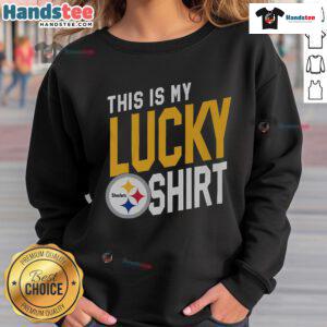 Person wearing a lucky Pittsburgh Steelers sweatshirt, showcasing team spirit and style on game day.