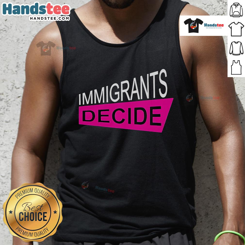 Alt Text: Model wearing a Good Prabal Gurung tank top featuring an immigrant-themed design, showcasing style and diversity.