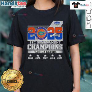 Alt Text: Florida Gators 2025 Ladies Tee celebrating Good SEC Tournament Champions with vibrant team colors and logo.