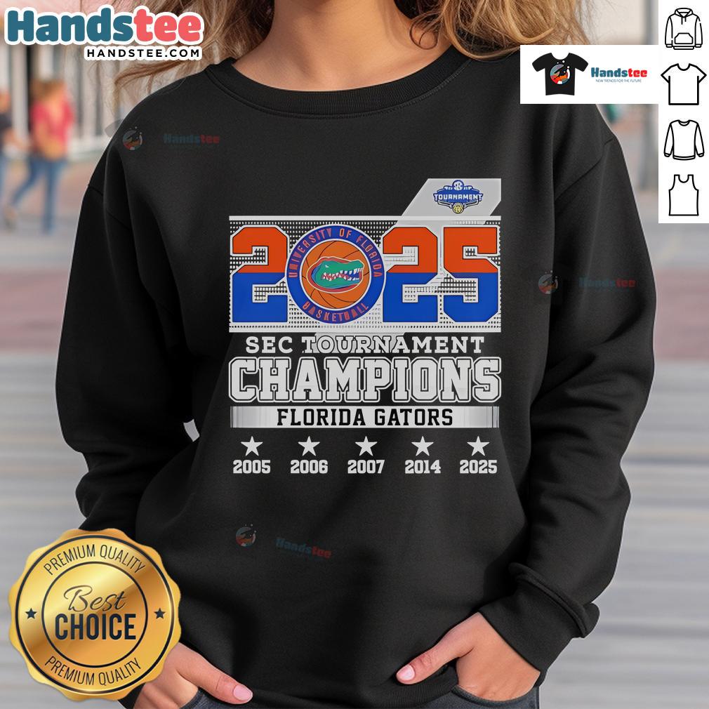 2025 SEC Tournament Champions Florida Gators sweatshirt featuring team colors and logo, perfect for fans and supporters.