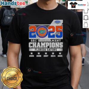 Alt Text: Florida Gators 2025 SEC Tournament Champions T-Shirt featuring team logo and celebratory design for fans.