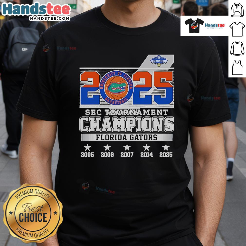 Alt Text: Florida Gators 2025 SEC Tournament Champions T-Shirt featuring team logo and celebratory design for fans.