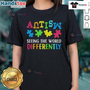 Good Seeing The World Differently Autism Awareness Month Ladies Tee in vibrant colors promoting autism acceptance and awareness.