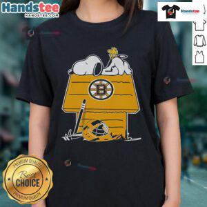Good Snoopy and Woodstock on a chimney design for Boston Bruins hockey ladies tee shirt, perfect for fans.