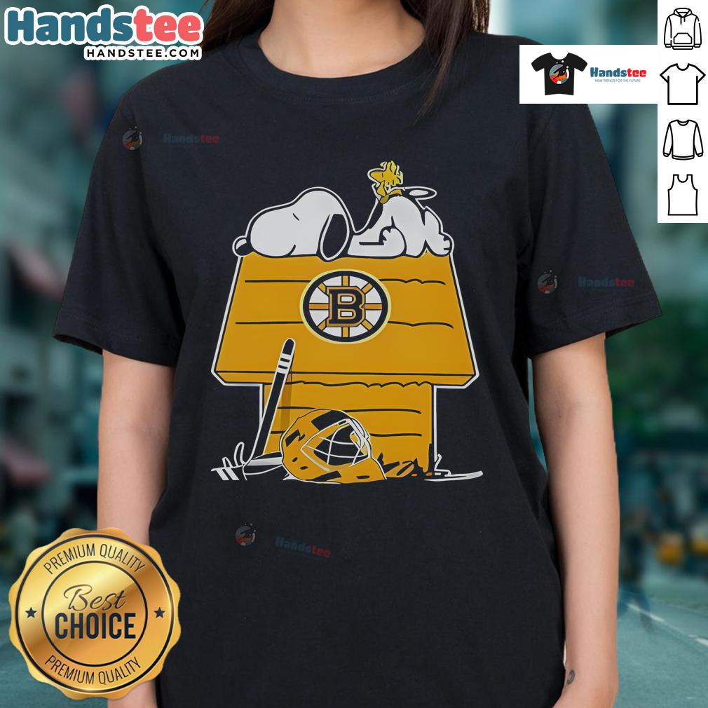 Good Snoopy and Woodstock on a chimney design for Boston Bruins hockey ladies tee shirt, perfect for fans.
