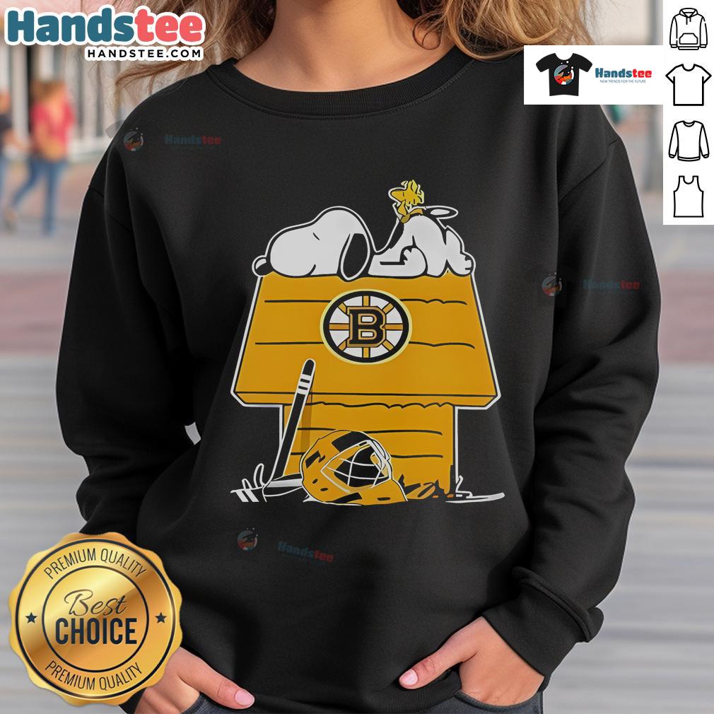 Good Snoopy and Woodstock on the chimney design featured on a Boston Bruins hockey sweatshirt.