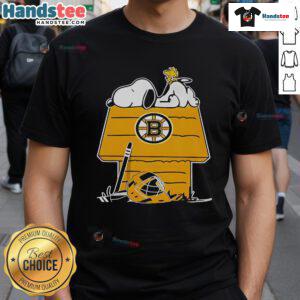 Alt Text: Good Snoopy and Woodstock on a chimney graphic design Boston Bruins hockey t-shirt for fans.
