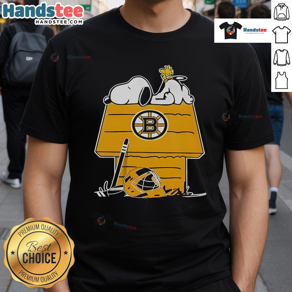 Alt Text: Good Snoopy and Woodstock on a chimney graphic design Boston Bruins hockey t-shirt for fans.