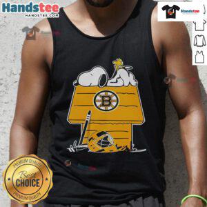 Good Snoopy and Woodstock on the chimney in Boston Bruins hockey tank top, perfect for fans and casual wear.