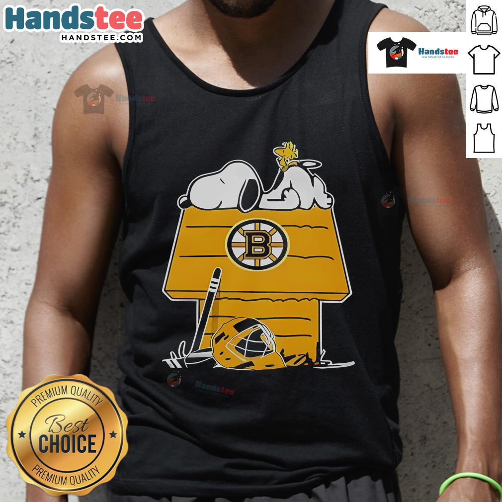 Good Snoopy and Woodstock on the chimney in Boston Bruins hockey tank top, perfect for fans and casual wear.
