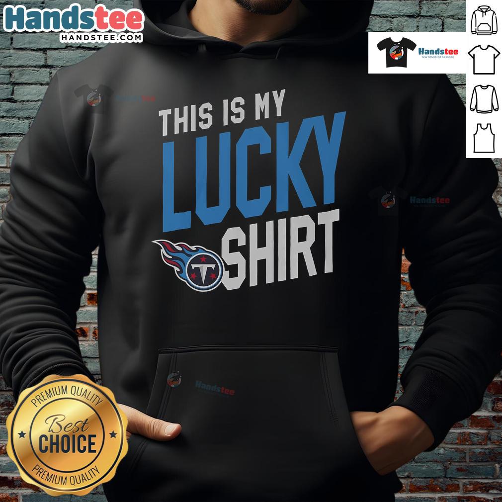 Woman wearing a Tennessee Titans lucky hoodie, showcasing team spirit and style at a game day event.