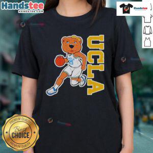 UCLA Bruins women's basketball Joe Bruin mascot on a ladies tee, showcasing school spirit and team pride.