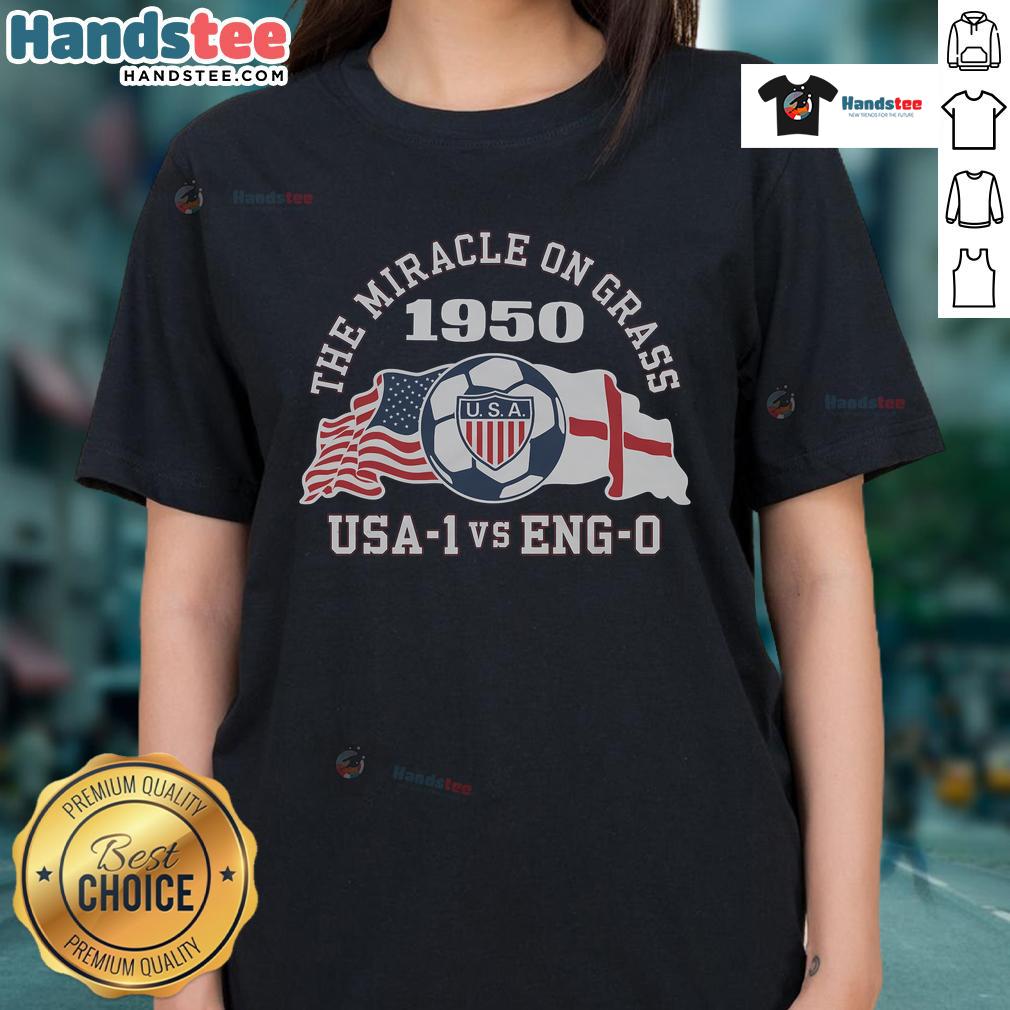 Good US Soccer The Miracle On Grass 1950 Ladies Tee featuring classic soccer design for fans of US soccer history.