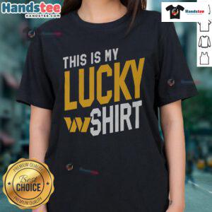 Alt Text: Happy Washington Commanders fan wearing a lucky ladies tee, celebrating team spirit and game day excitement.