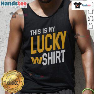 Alt Text: Happy fan wearing a This Is My Lucky Tank Top supporting the Washington Commanders at a game.