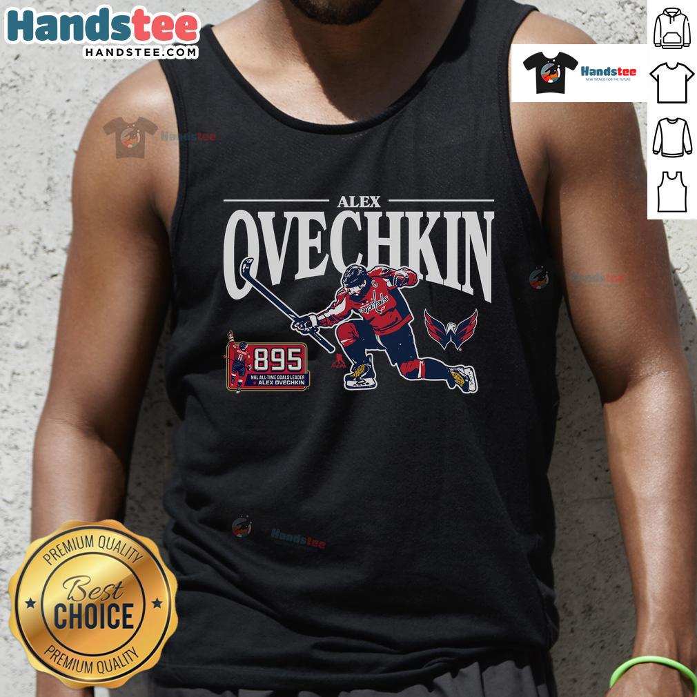 Hot Alex Ovechkin 895 NHL All-Time Leading Scorer GR8 Celebration Tank Top showcasing Ovechkins iconic celebration.