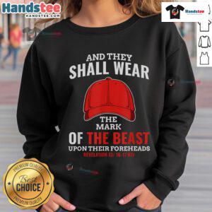 Hot Anti-Trump Mark of Beast Red Hat Liberal Sweatshirt featuring bold graphics and vibrant colors for political activism.