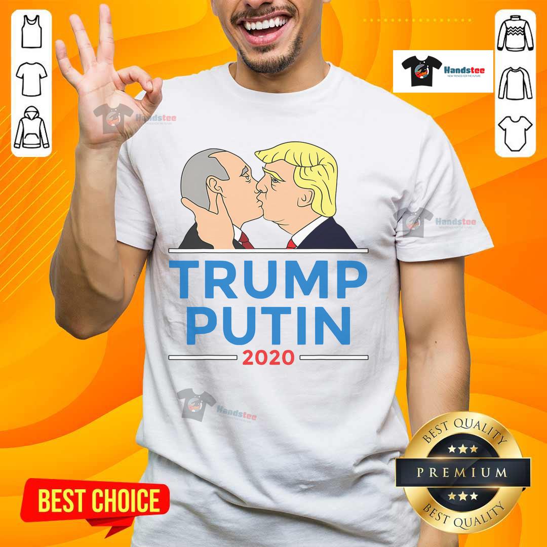 Alt Text: Hot Donald Trump kissing Putin graphic on Anti Trump 2020 T-Shirt, showcasing political satire and humor.