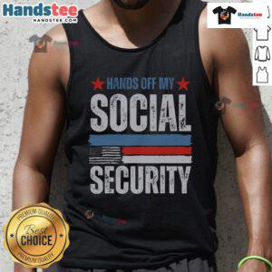 Hot Hands Off My Social Security America Flag Tank Top featuring a bold design and patriotic colors for summer wear.