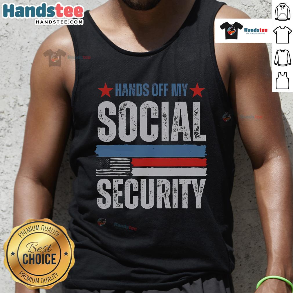 Hot Hands Off My Social Security America Flag Tank Top featuring a bold design and patriotic colors for summer wear.